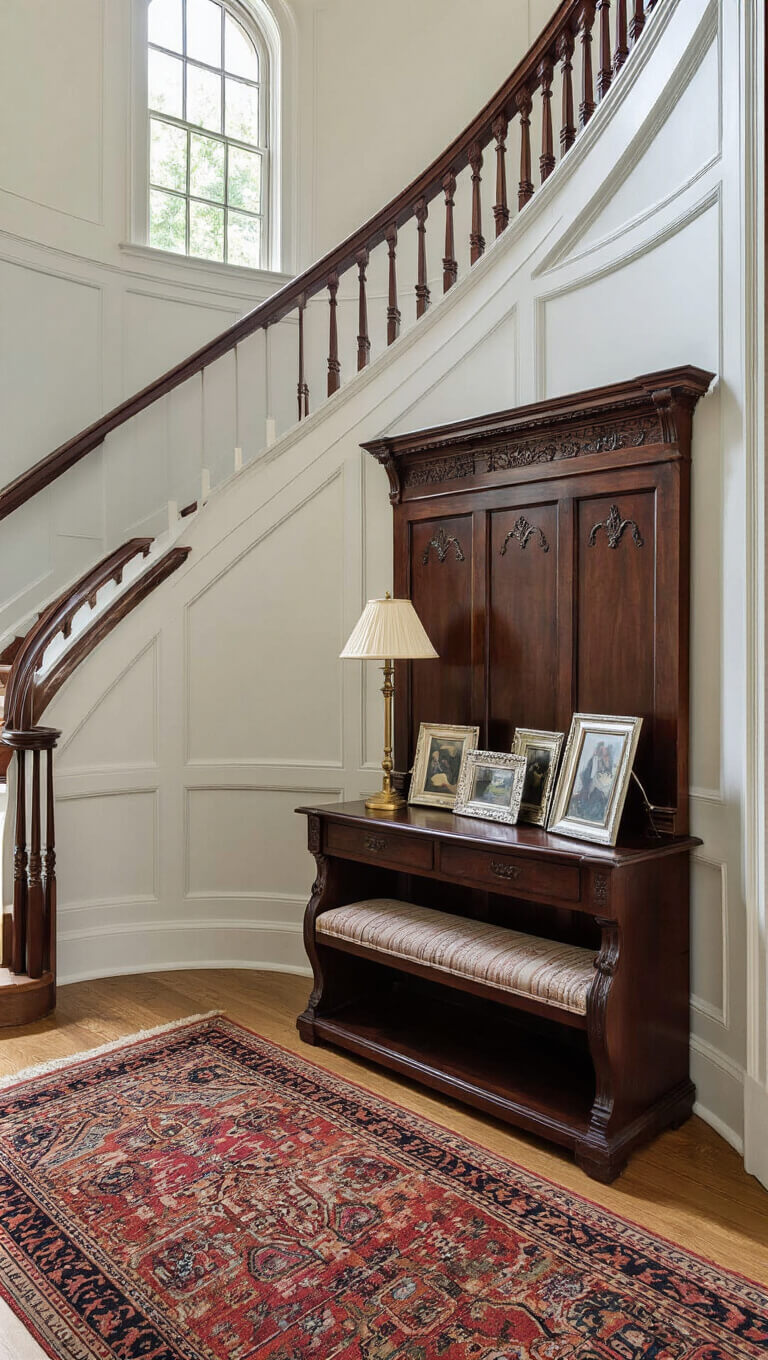 Entryway with curved staircase, antique console table, Victorian hall tree, and vintage runner bathed in afternoon light.
