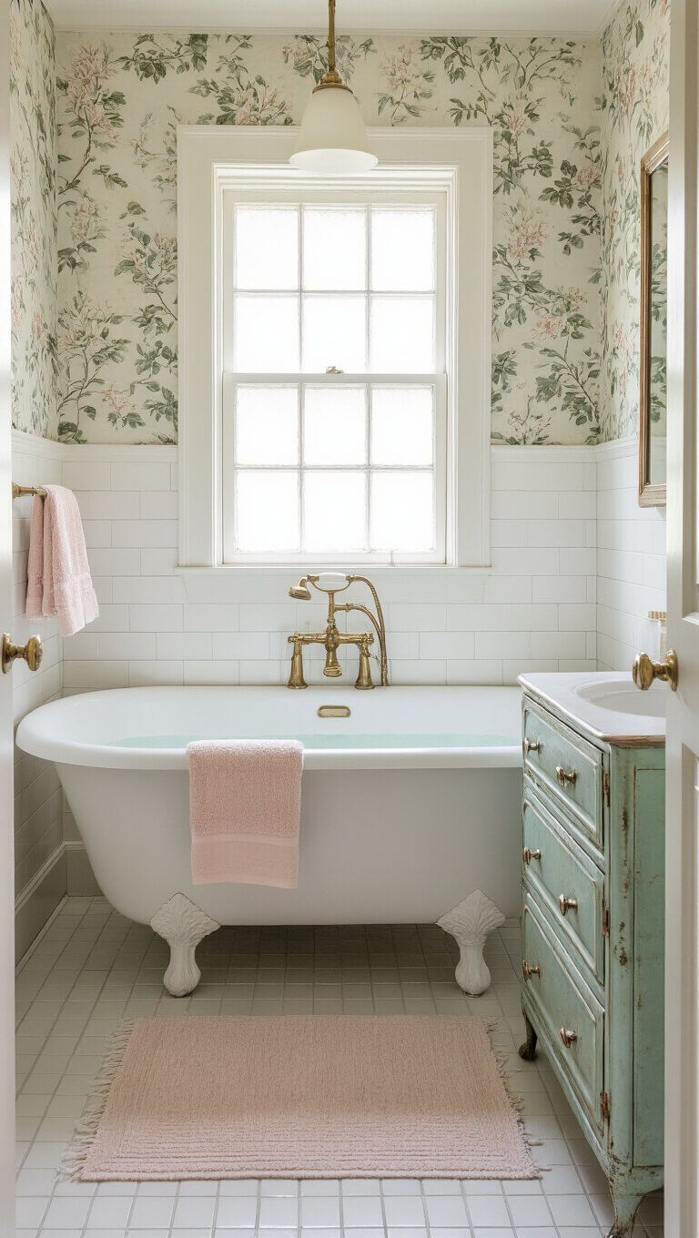 Vintage-style 8x10ft bathroom with clawfoot tub, pedestal sink with brass fixtures, mint green metal cabinet, blush and cream Turkish towels, botanical wallpaper, frosted glass light, and beveled mirror medicine cabinet.