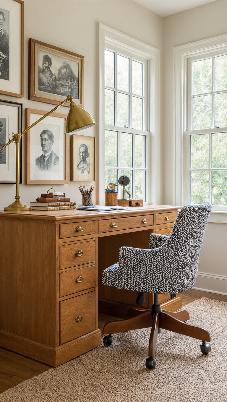 Cozy 10x12ft home office nook with warm afternoon light, oak roll-top desk featuring vintage accessories, gallery wall of ancestral and modern art, reupholstered banker’s chair, and brass task lamp, viewed from seated position.