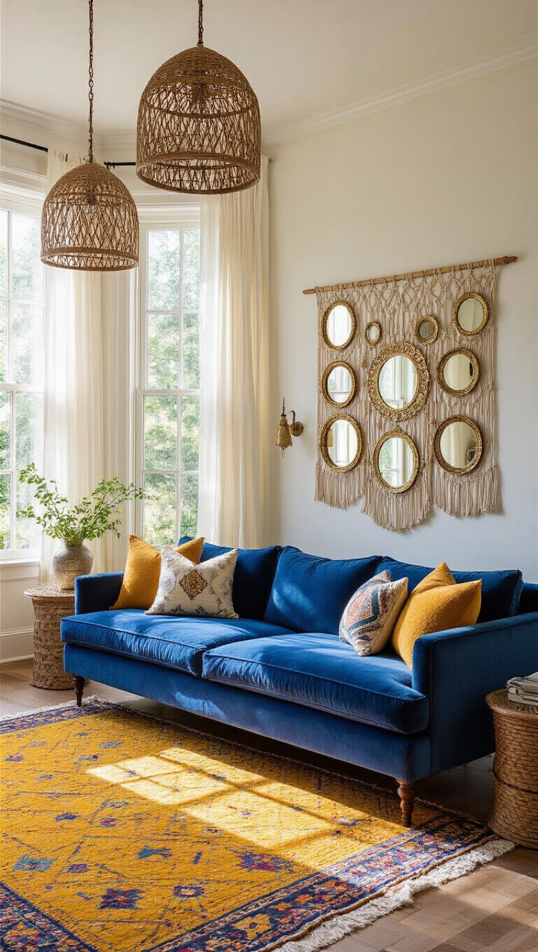 Bohemian-style living room with royal blue velvet sofa, vintage yellow and indigo rug, bay windows, rattan pendant lights, and patterned throw pillows in mustard, cerulean, and cream.
