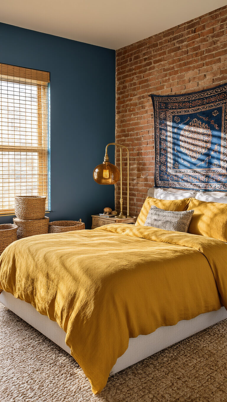 Cozy 12x12ft bedroom with Baltic blue brick accent wall, marigold linen duvet, indigo tapestries, bamboo blinds casting sunset shadows, handwoven baskets, and amber-lit brass floor lamp.