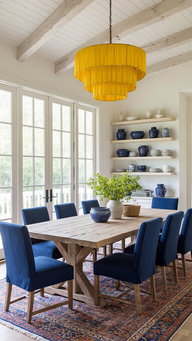 Spacious bohemian dining area with reclaimed wood table, blue chairs, yellow chandelier, and vintage rugs in natural light.