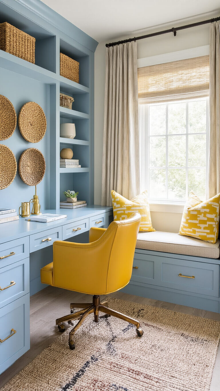 Compact home office nook with blue built-in shelves, brass accessories, yellow leather chair, and woven wall baskets, bathed in soft morning light.