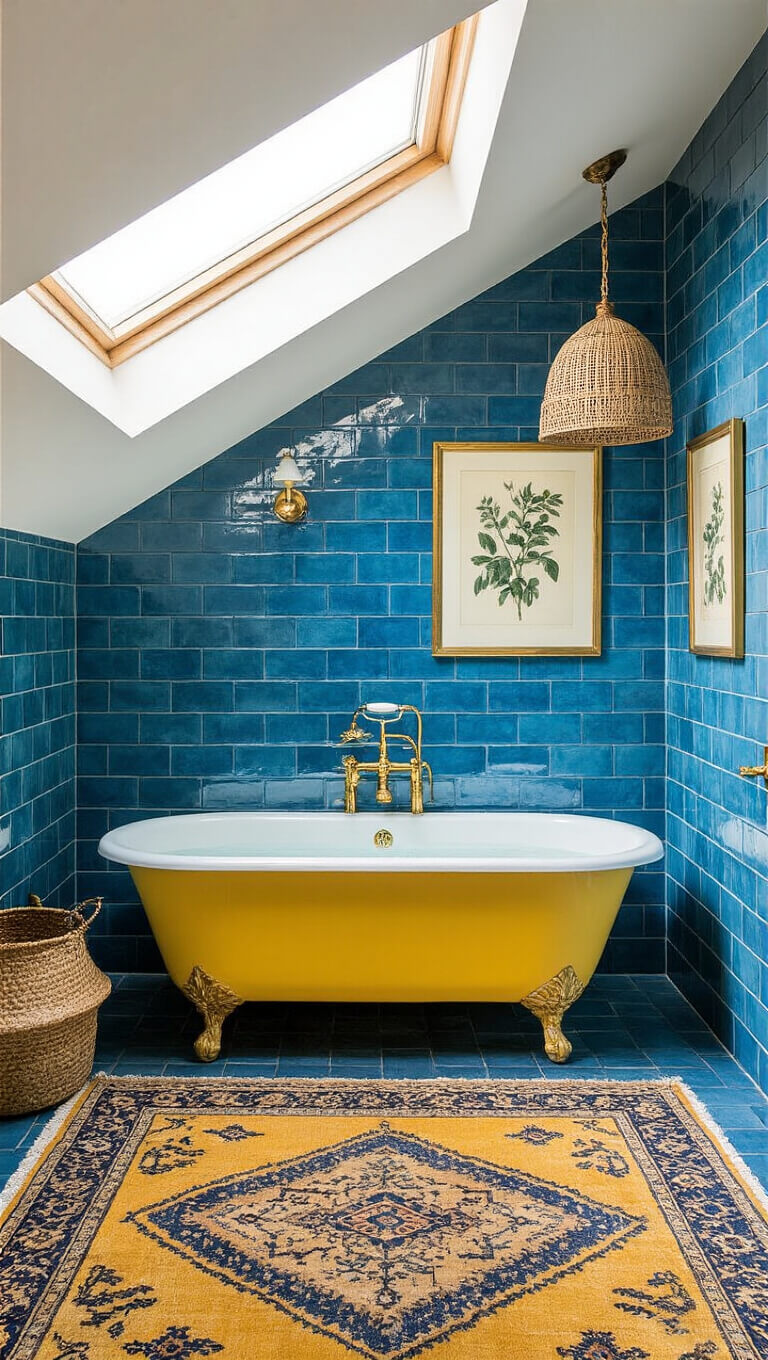 Modern primary bathroom with Mediterranean blue tiles, yellow clawfoot tub under skylight, layered vintage Turkish rugs, brass fixtures, woven pendant lighting, and botanical art on walls.