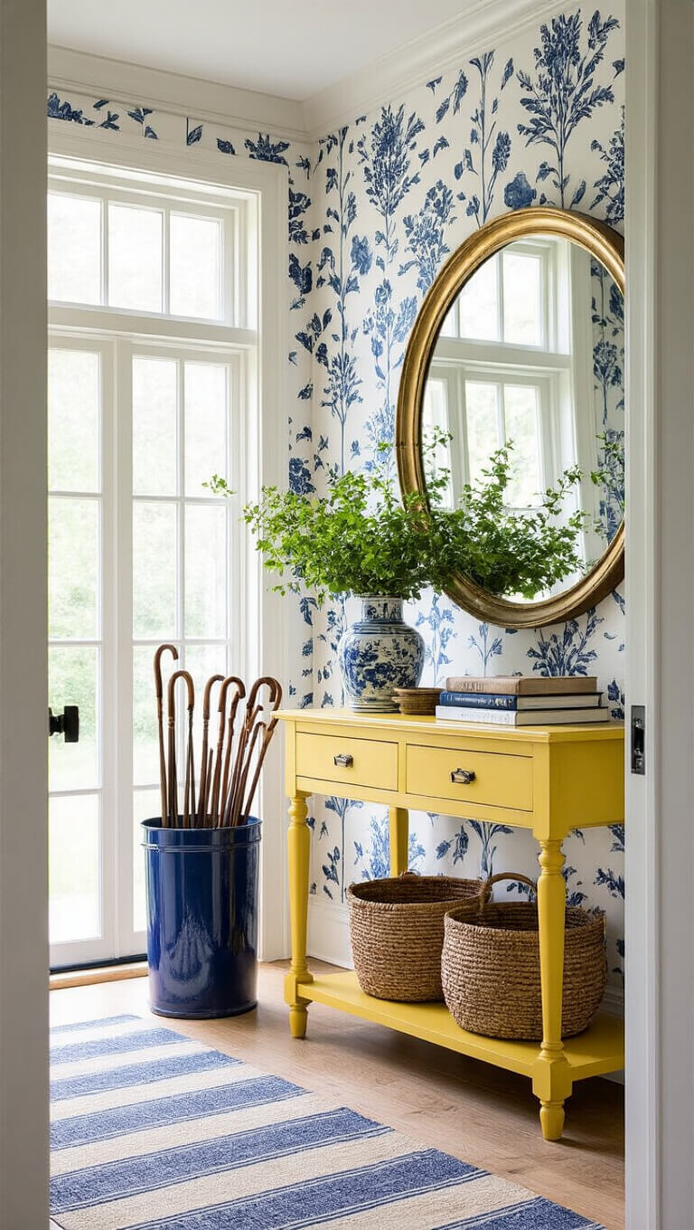 Entryway with navy botanical wallpaper, butter yellow console table in sunlight, vintage umbrella stand, round brass mirror, and layered runners.