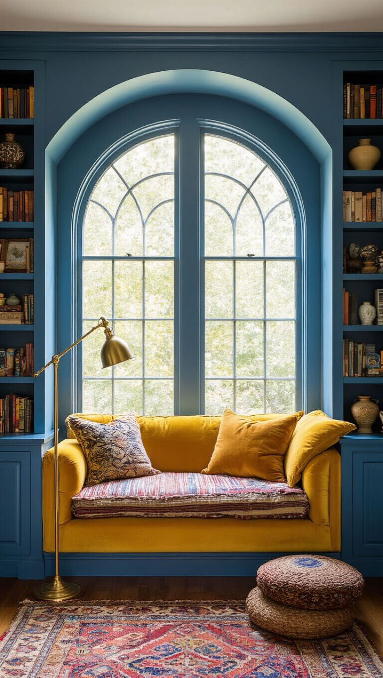 Cozy 10x12ft reading nook with cornflower blue bookshelves, yellow velvet chair by arched window, vintage kilim cushions, brass floor lamp, and styled shelves with ceramics and global textiles in golden hour light.