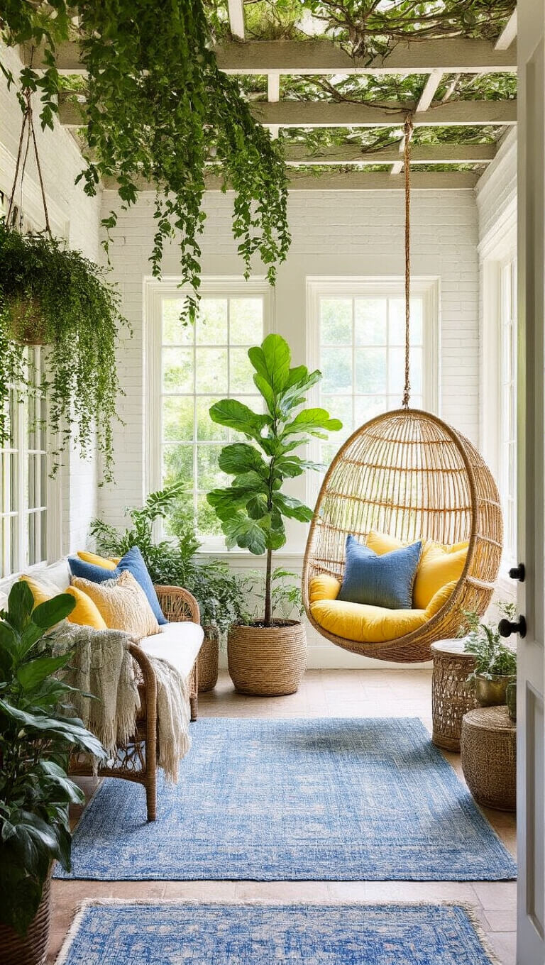 Tropical boho sunroom with white brick walls, rattan hanging chair, blue vintage rugs, brass planters, and lush greenery under a botanical ceiling.