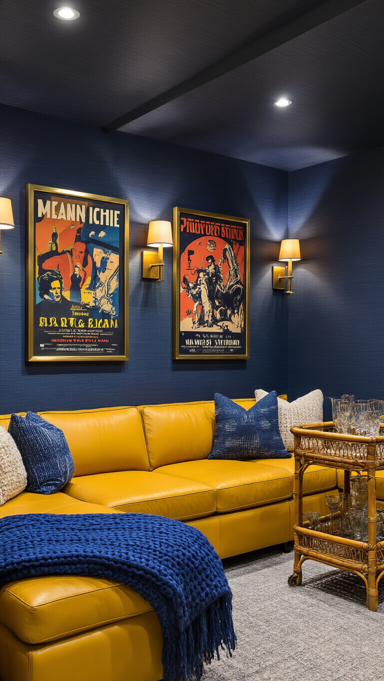 Sophisticated boho media room with navy grasscloth walls, yellow leather sectional, brass sconces, vintage movie posters, rattan bar cart, and cozy blue throws.