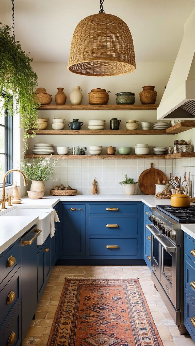 Rustic 18x22ft kitchen with Baltic blue cabinets, brass hardware, yellow cement tiles in morning light, open shelving with ceramics, vintage runner to farmhouse sink, woven pendant lights over island, and herbs drying from ceiling rack.
