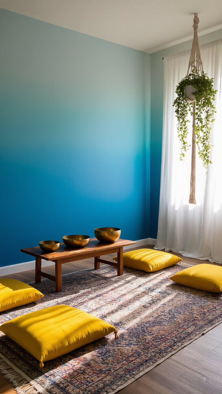 Serene boho meditation room with ombre blue walls, sunrise light on yellow cushions, vintage rugs, brass singing bowls on wooden table, and hanging plants.