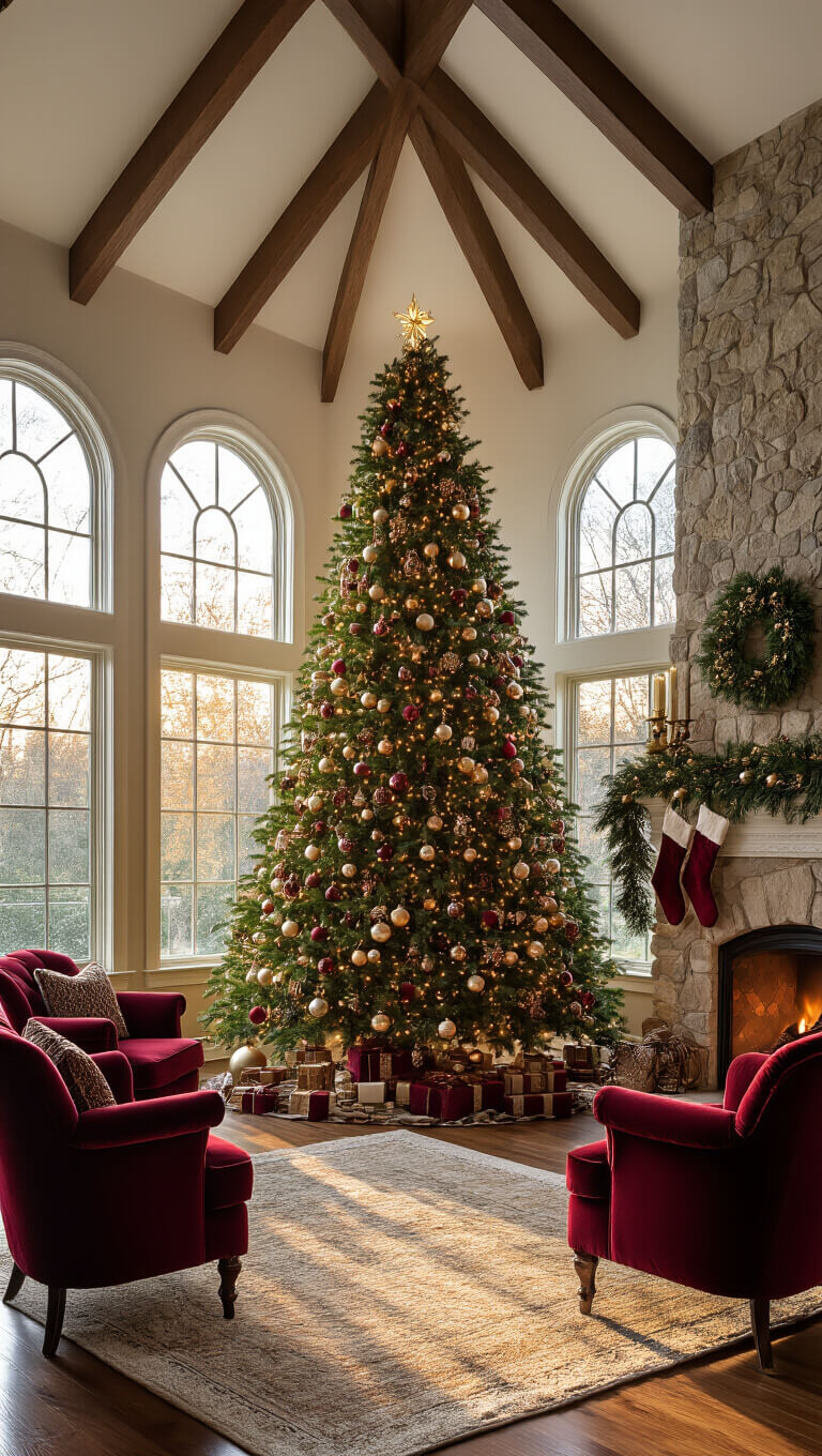 Elegant living room with cathedral ceiling at golden hour, featuring a large vintage-decorated Christmas tree in a bay window, velvet armchairs by a stone fireplace with pine garland, and handwoven stockings on the mantel.