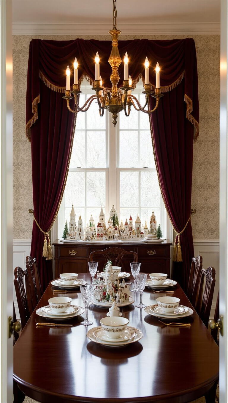 Formal dining room at dusk with mahogany table set for dinner, lit by candlelit brass chandelier and warm picture lights; burgundy velvet drapes, Christmas village display, and festive decor create a sophisticated, intimate atmosphere.
