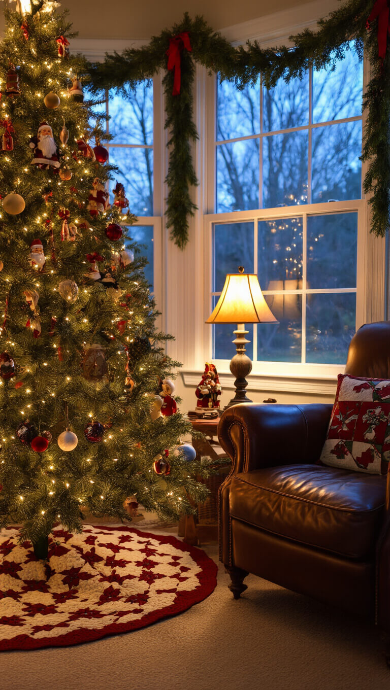 Vintage leather armchair beside glowing Christmas tree with handmade quilted skirt, cherished ornaments, and warm ambient lighting in cozy twilight room.