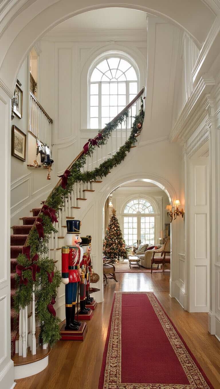 Elegant classic entryway with grand staircase, lush garland on banister, nutcrackers on entry table, and morning light streaming through fanlight window.