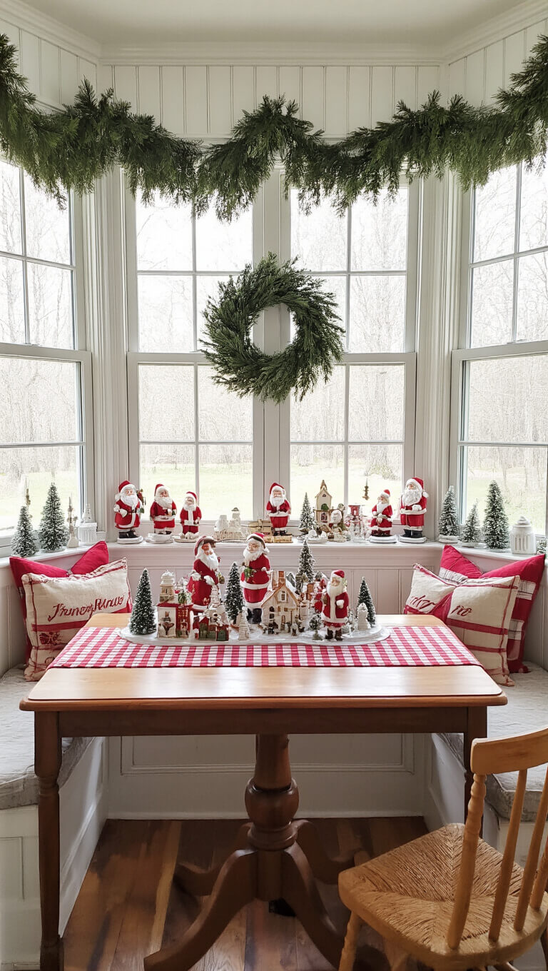Cheerful kitchen breakfast nook with Christmas decor, bay window with pine garland and ceramic village, farmhouse table with red and white checked runner and vintage Santas, white beadboard walls, dark wood furniture, and copper cookie cutters catching mid-morning light.