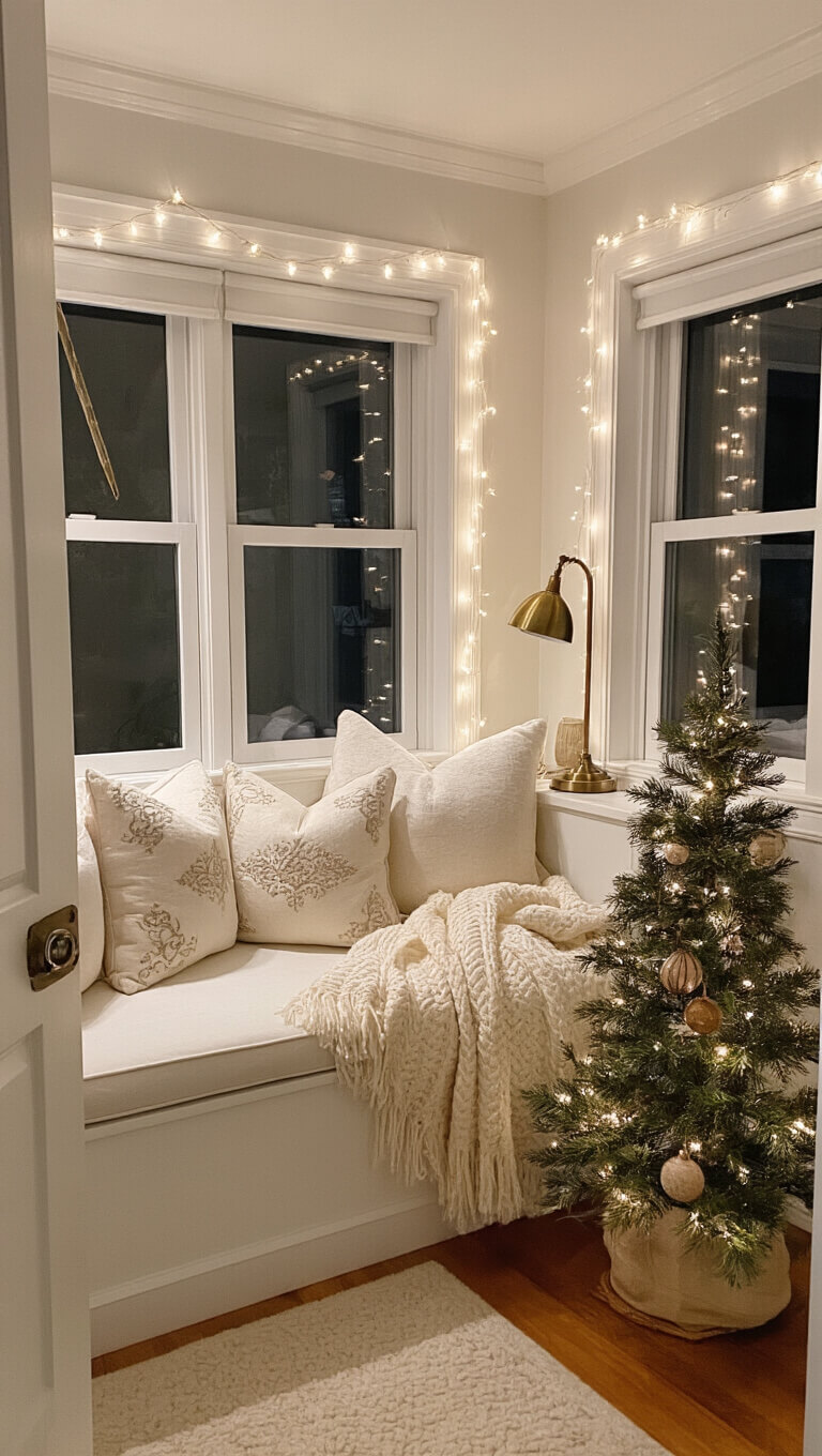 Cozy master bedroom sitting area at night with a holiday reading nook in the window seat, twinkle lights reflected in windows, plush cream pillows, a small decorated tabletop tree, and a warm-lit vintage brass lamp.