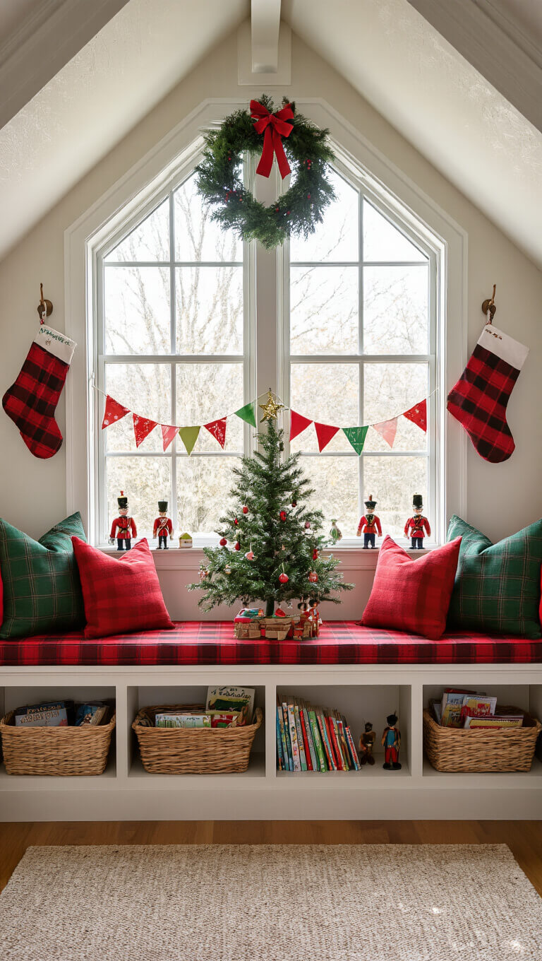 Cozy children's playroom with dormer window seat, red and green plaid cushions, handmade stockings on built-ins, small decorated tree, wooden toy soldiers, and a basket of Christmas books in warm late afternoon light.