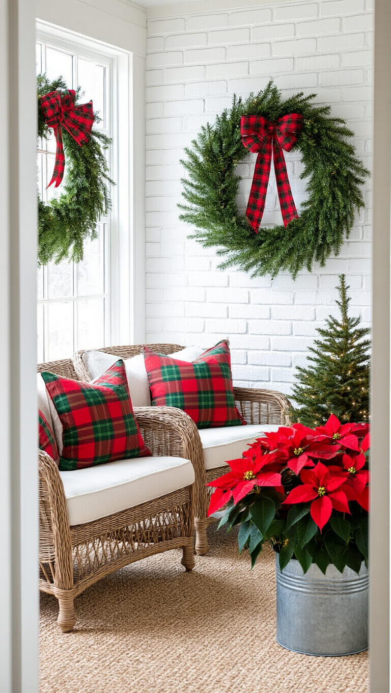 Sunroom on Christmas morning with wicker furniture, red and green plaid cushions, white brick walls adorned with evergreen wreaths, poinsettias, and a small decorated tree in a zinc bucket.