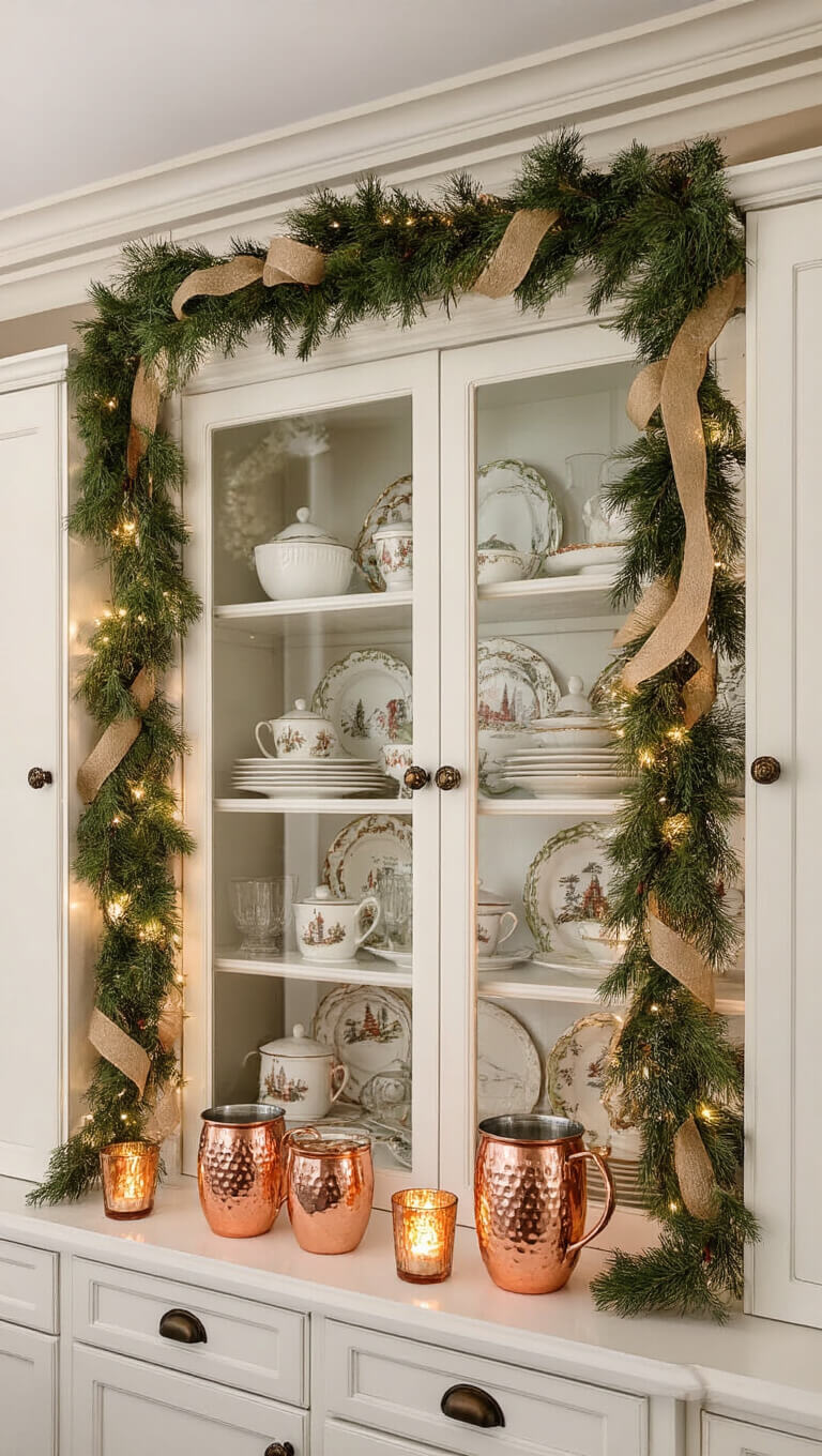Butler's pantry with glass cabinets showcasing vintage Christmas china, fresh garland on shelves, glowing mercury votives, ribbon-wrapped candles, and copper mugs in warm evening light.