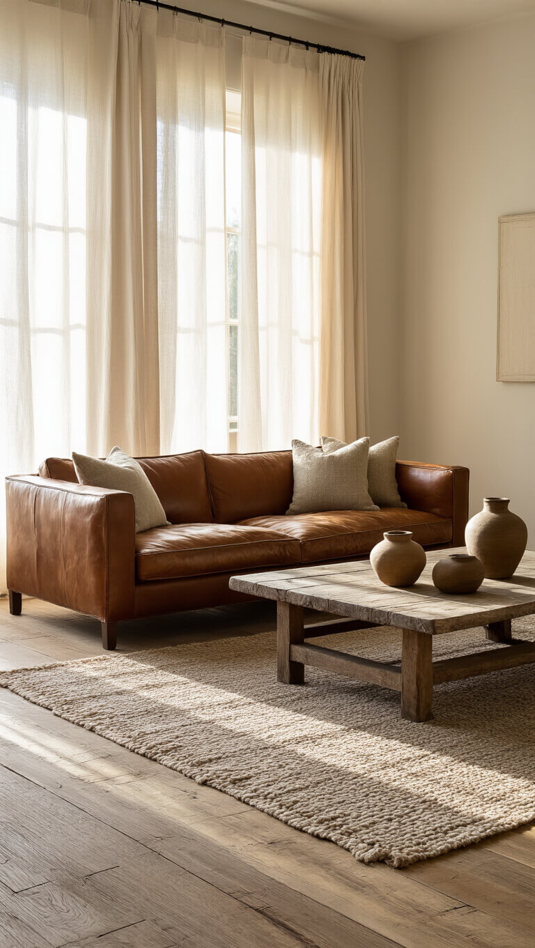 Serene living room with golden hour light, vintage leather sofa, handwoven rug, ceramic vessels on wooden coffee table, and textured plaster walls.