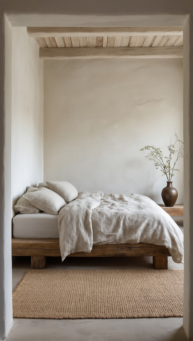 Minimalist 12x14ft bedroom at dusk with rustic platform bed, rumpled linen bedding, and weathered bronze ikebana vase on jute rug against textured white plaster walls.