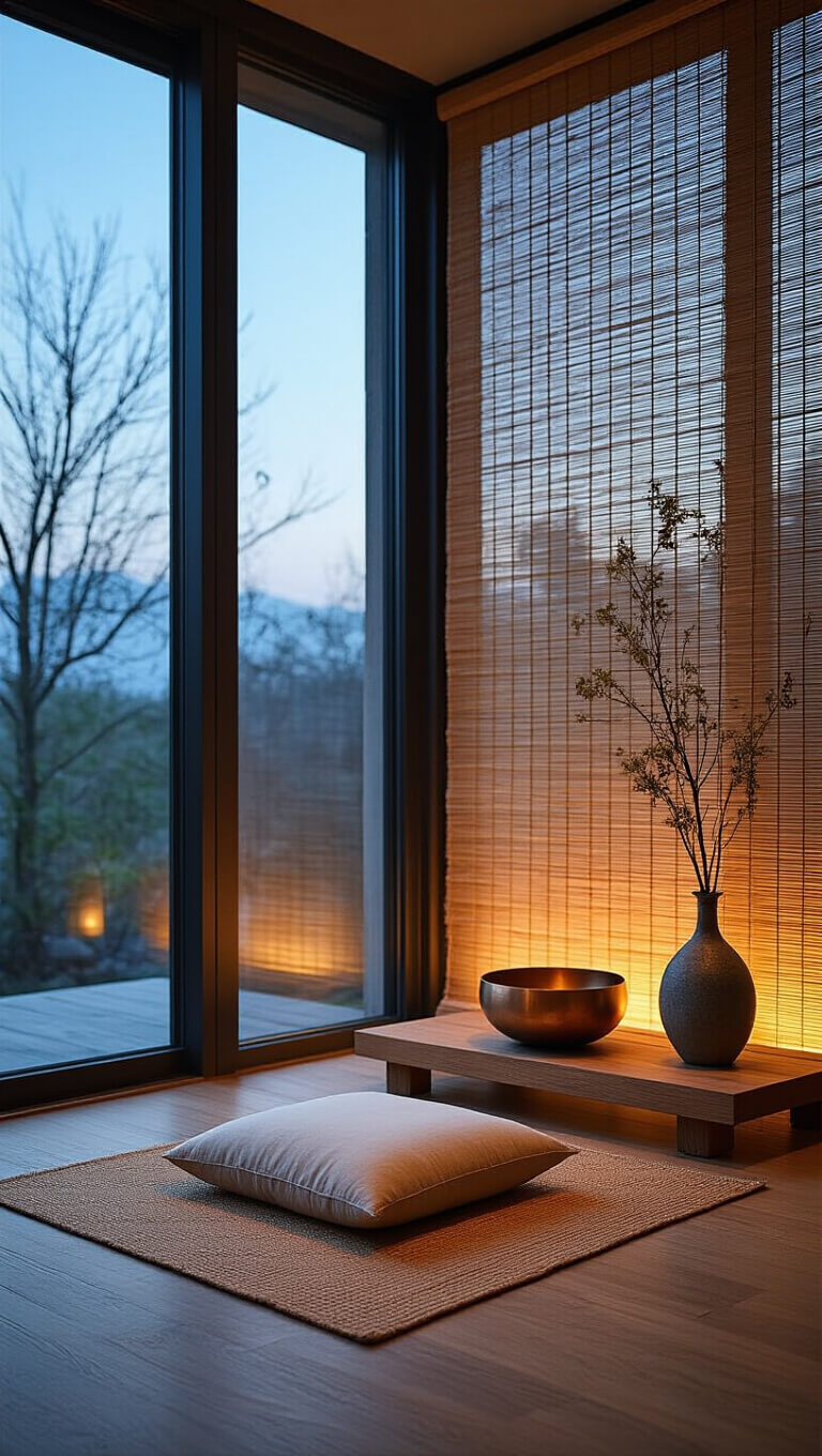 Meditation corner with floor-to-ceiling windows, bamboo shade, silk cushion, copper singing bowl, eucalyptus in ceramic vase, and worn sisal mat at blue hour.