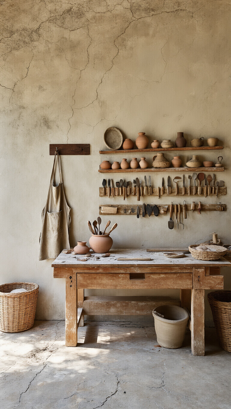 Sunlit 15x18ft artist's studio with worn concrete floors, vintage wooden workbench, pottery tools on magnetized wall, clay-stained apron on hook, and natural fiber baskets of raw materials viewed from above.