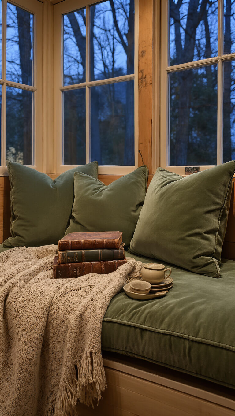 Close-up of a cozy 6x8ft reading nook at twilight with a built-in wooden window seat, sage green velvet cushions, vintage leather-bound books, a handmade ceramic tea set, and a mended wool throw, all bathed in soft fading light.