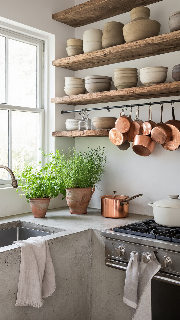 Modern kitchen with concrete countertops, reclaimed wood shelves displaying ceramics, hanging copper pots, linen towels, and potted herbs, bathed in morning light.