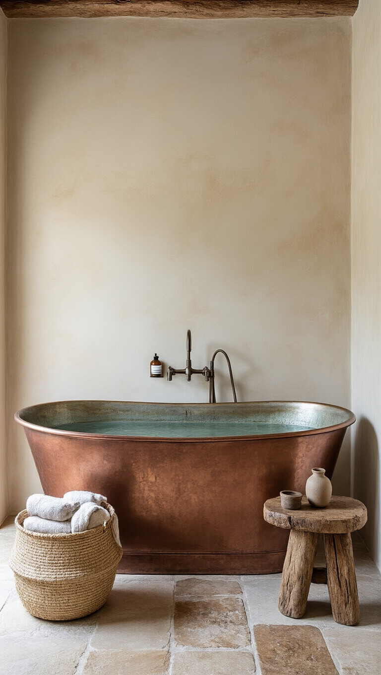Freestanding copper tub in tranquil 9x11ft bathroom with Venetian plaster walls, natural stone floor, and rustic bath accessories.