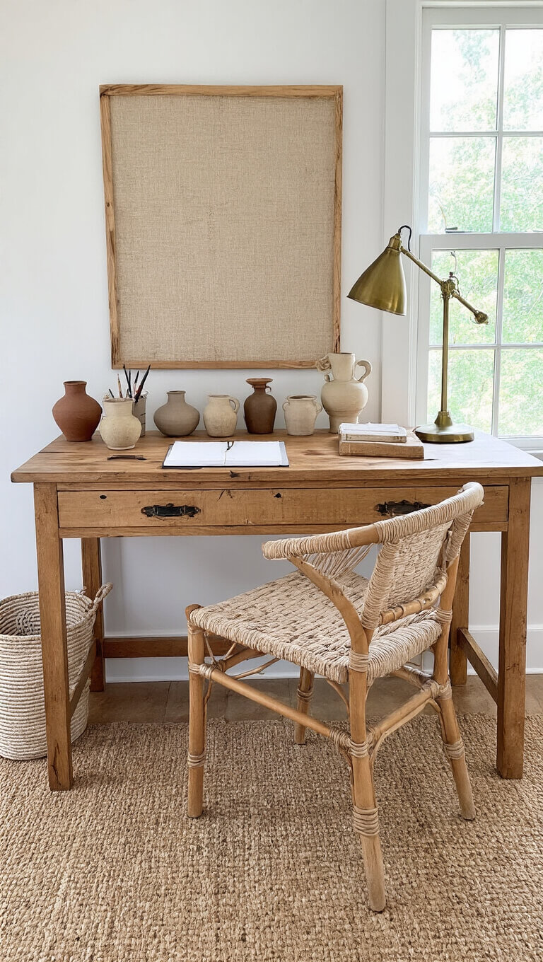 Cozy 10x12ft home office with vintage wooden desk, handwoven cushion, ceramic vessels, linen pin board, and weathered brass lamp in morning light.