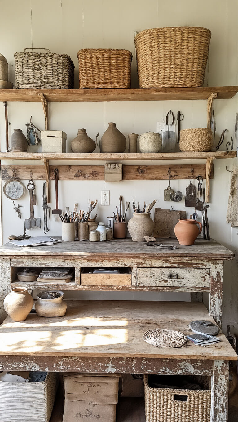 Rustic 12x14ft craft room in afternoon sunlight featuring a weathered wooden worktable, open shelves with assorted textured materials, vintage metal tools, worn natural fiber baskets, and handmade pottery filled with art supplies.