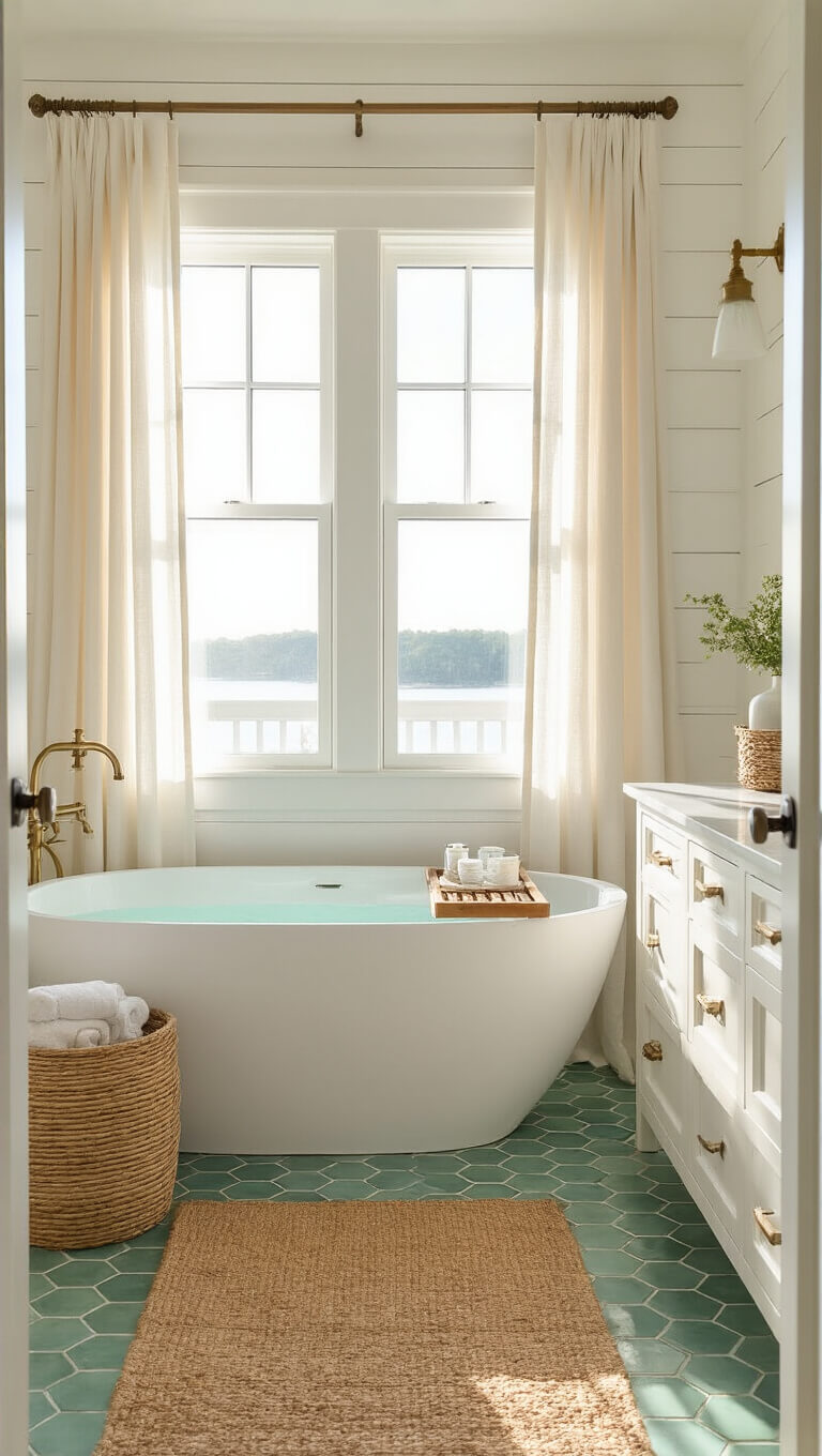 Coastal bathroom at golden hour with freestanding tub, white shiplap walls, sea-glass green hex tile floor, and warm brass fixtures.