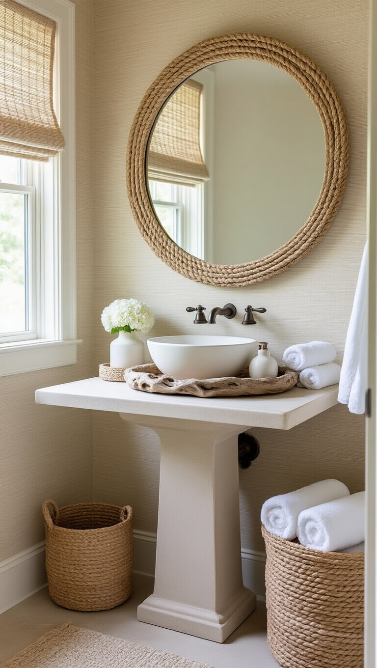 Close-up of a cozy powder room with grasscloth wallpaper, pedestal sink, driftwood tray, round rope mirror, and natural fiber accents in soft, neutral tones.