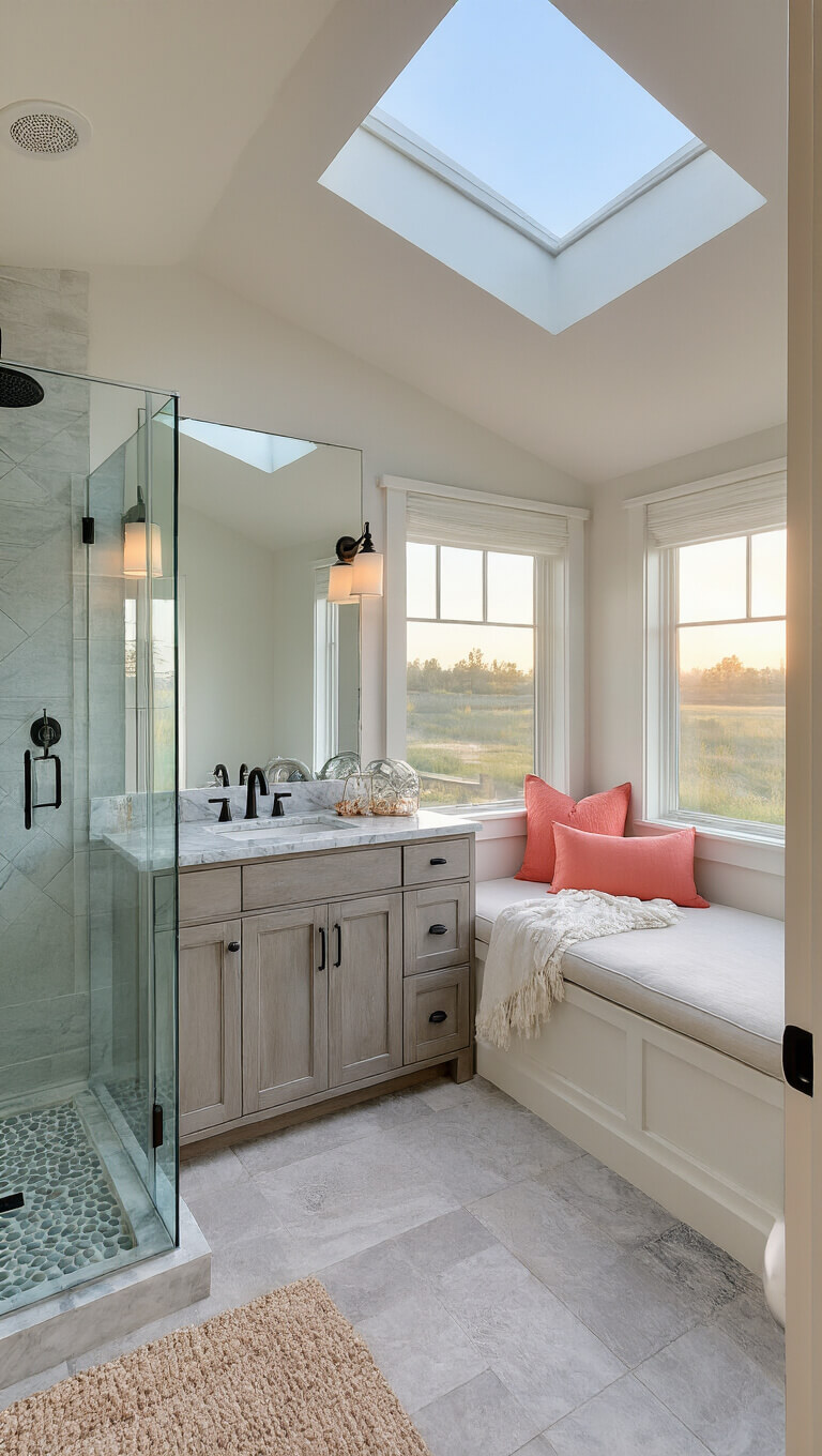 Master bathroom at dawn with vaulted ceiling, skylight, glass shower, double vanity in weathered gray oak, and sea-inspired decor in warm whites, grays, blues, and coral.