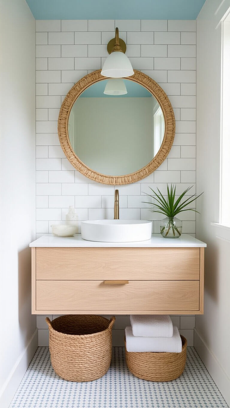 Minimalist guest bathroom with white subway tile, pale blue ceiling, floating bleached oak vanity, round rattan mirror, and white penny tile floor with blue-gray grout.