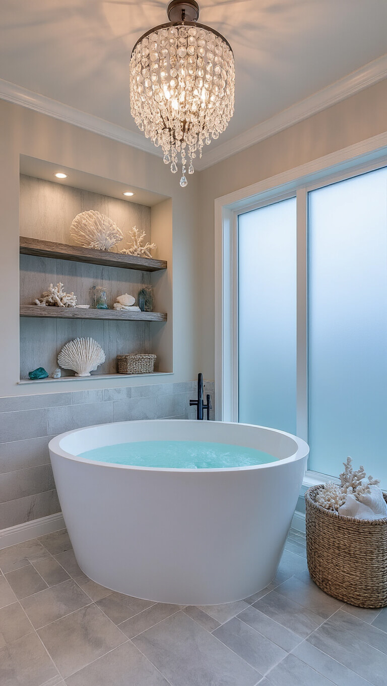 Spa-inspired master bathroom at twilight with freestanding white tub under seashell chandelier, marble-look gray tiles, coastal decor on wood shelves, and frosted glass window wall.