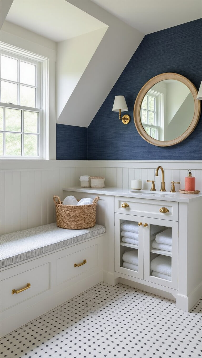 Bright mid-morning family bathroom with white vanity, navy wallpaper, brass accents, dormer window seat, and coastal decor.
