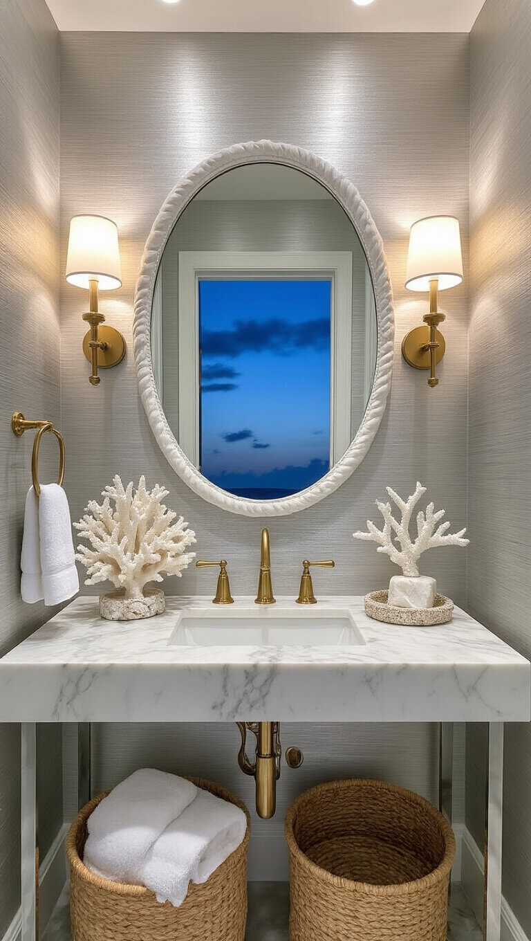 Luxurious powder room with metallic silver wallpaper, marble vanity, brass fixtures, and elegant pearl and coral accents, bathed in moody blue hour lighting.