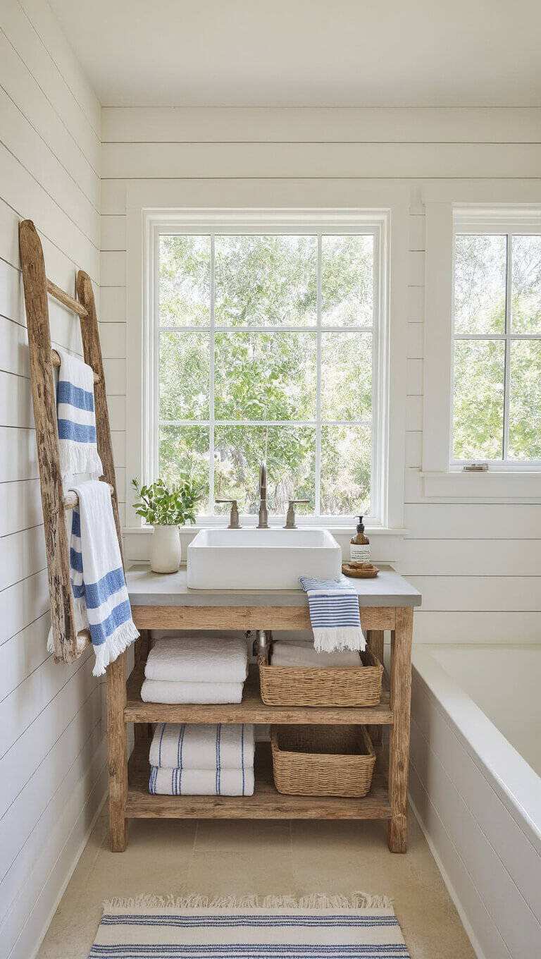 Bright beach house bathroom with shiplap walls, rustic vanity, large window, and nautical decor in light, airy tones.