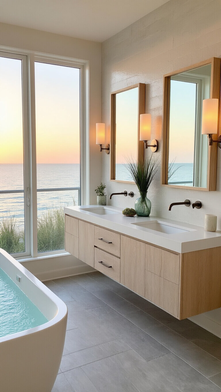 Modern coastal bathroom at sunset with floating bleached oak vanity, frameless mirrors, freestanding white tub, large pale gray tiles, and organic decor in warm golden light.