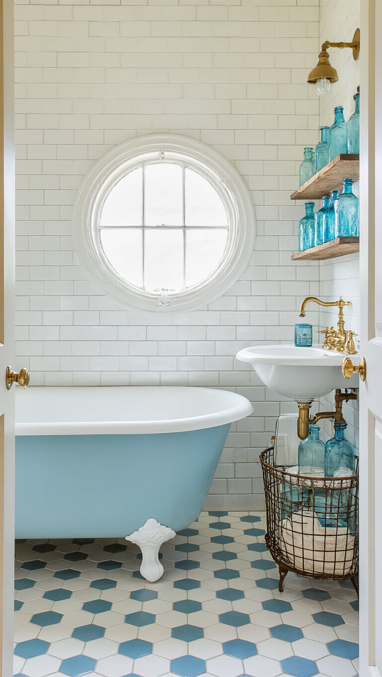 Vintage coastal bathroom with pale blue clawfoot tub, pedestal sink with brass fixtures, porthole mirror, subway tile walls, and soft morning light.