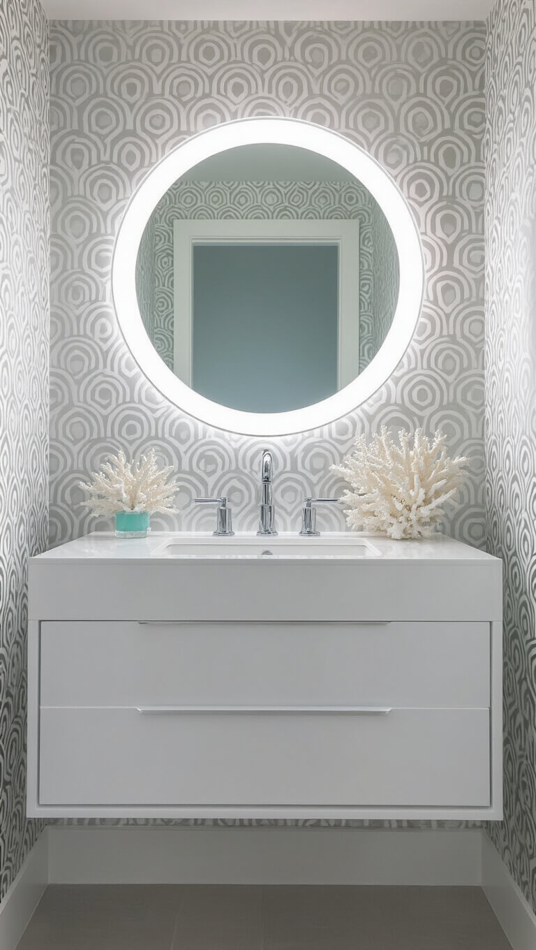 Modern coastal powder room with silver wave wallpaper, floating white vanity, backlit round mirror, chrome fixtures, and coral decor on lucite shelf.