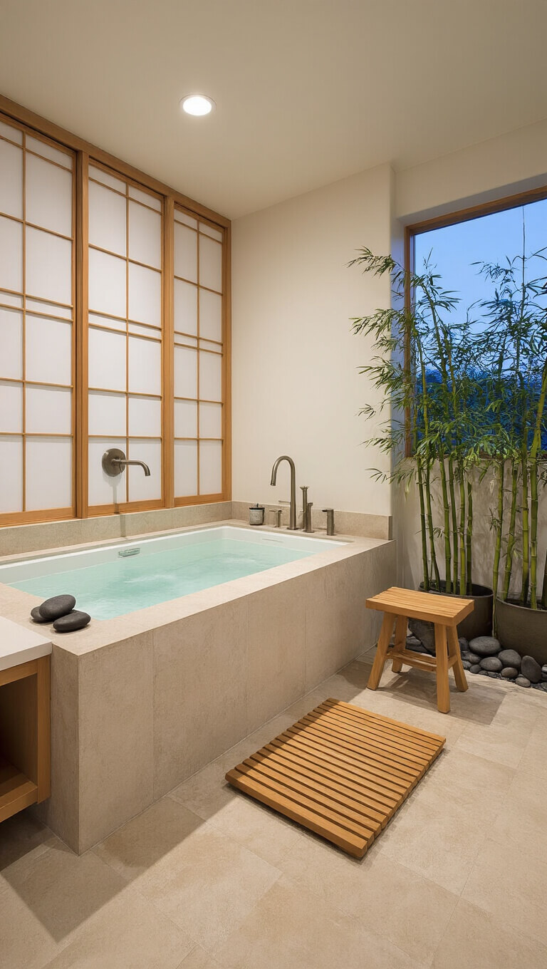 Zen-inspired coastal bathroom at dusk with stone soaking tub, brushed nickel tub filler, shoji screens, teak accents, and natural elements like bamboo and river rocks.