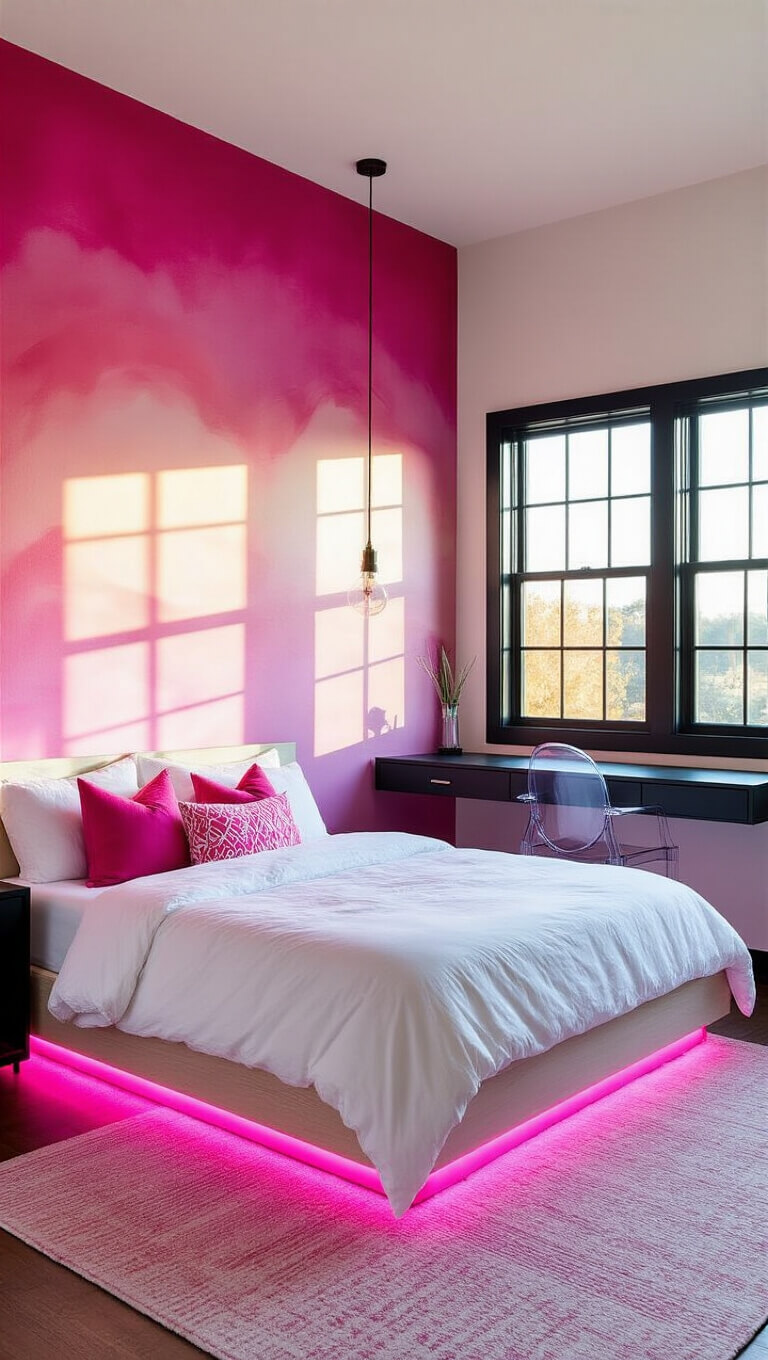 Modern teen bedroom with pink ombré accent wall, platform bed with neon pink LED lighting, black floating desk with lucite chair, and golden hour light streaming through black-framed windows.