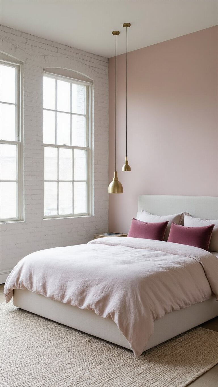 Minimalist adult bedroom with pale pink washed brick wall, low platform bed in blush linen, mauve pillows, brass pendant lights, and soft natural light from floor-to-ceiling windows.