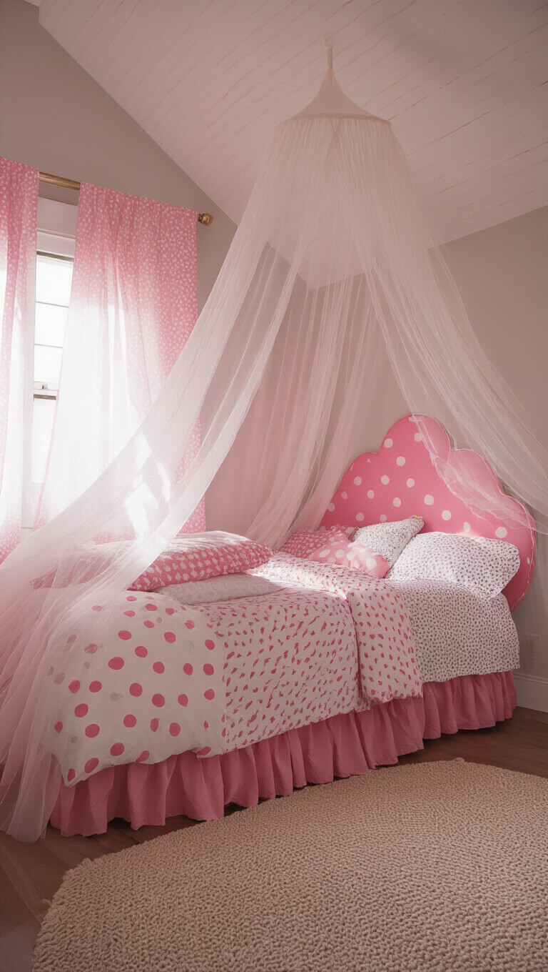 Whimsical kids' room with pink scalloped twin bed, tulle canopy, and sheer pink polka dot curtains casting playful shadows in soft morning light.