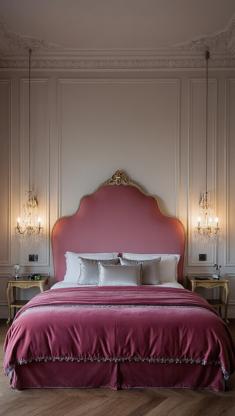 Luxurious boudoir with tall pink silk headboard, deep rose velvet bedding, antique mirrors, and vintage sconces in dusk lighting, viewed from low angle to highlight elegant crown molding ceiling.