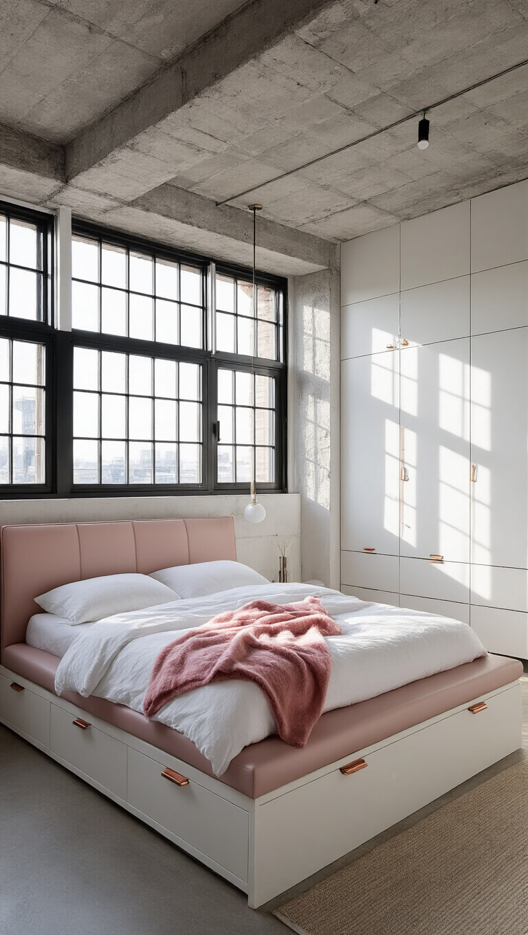 Drone view of contemporary loft bedroom with exposed concrete ceiling, industrial windows, pale pink leather platform bed, minimalist white bedding, and matte white built-in storage with copper hardware.