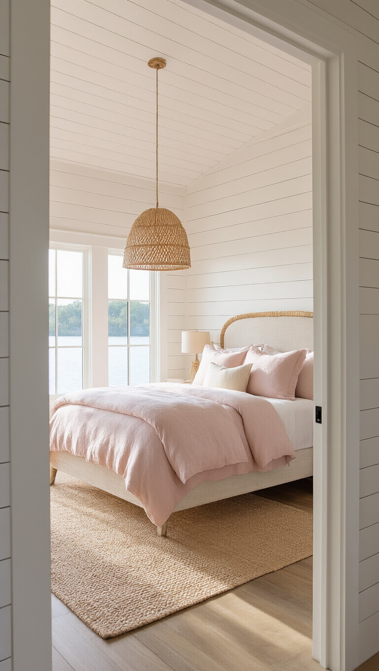 Coastal-inspired bedroom with pink shiplap accent wall, queen bed in linen and stonewashed bedding, rattan pendant light casting shadows, and morning sunlight reflecting off water.